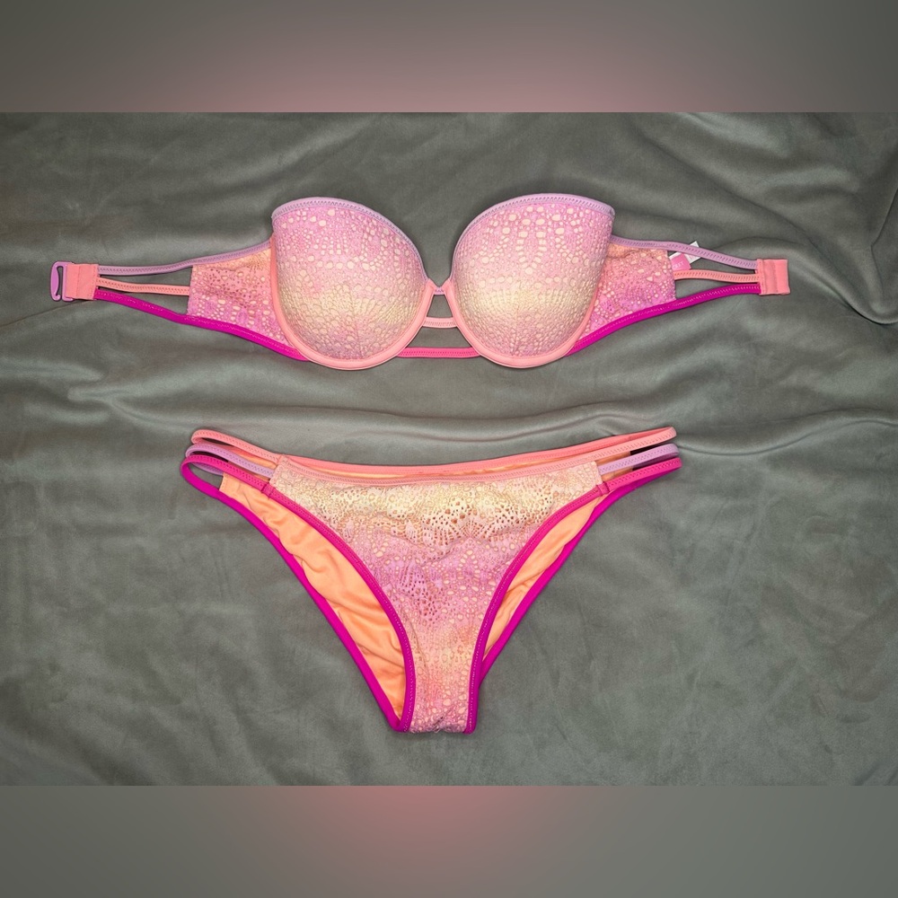 Victoria Secert Pink & Coral Lace Bikini Set